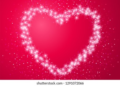 Valentine's day holiday card with shiny glitter heart and copy space on red background. Template for a banner, poster, shopping, discount, invitation. Vector illustration for your design