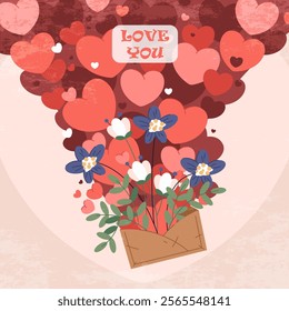 Valentines Day holiday card. Vector illustration or banner. Festive valentine for romantic holiday. To send a love letter with confession of love. Love you text. Envelope with flowers and hearts.