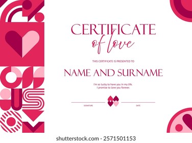 Valentines Day holiday certificate of true love with pink pattern of vector geometric shapes, hearts. Wedding marriage anniversary couple gift or Valentine Day love certificate with geometric border