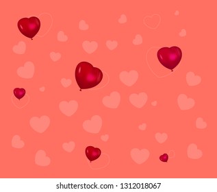 Valentine's day holiday composition with red balloons on living coral background. Vector holiday card