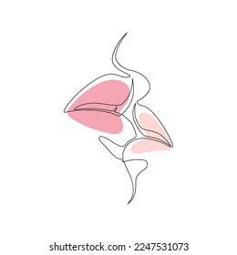 Valentines day holiday concept. Vector one line art illustration. Pink splash of heart shape. Lips kiss symbol by continous line. Design for greeting card and banner.