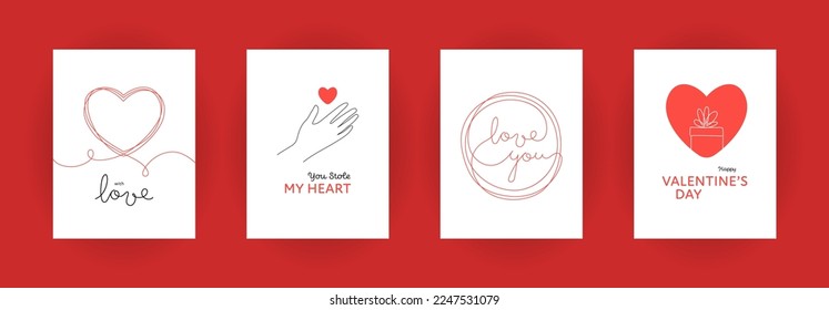 Valentines day holiday concept. Vector one line art illustration. Greeting card template set. Red, white and black color. Heart, hand, gift box and love you text.