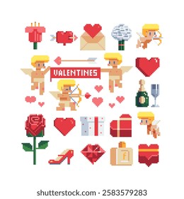 Valentine's Day holiday, cupid characters, pixel art icons set. Greeting card, banner or invitation design element, wedding. Isolated vector illustration. Sticker design. 