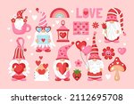 Valentines day holiday cute gnome character and elements set. Template for cards, stickers and party invitations. 
