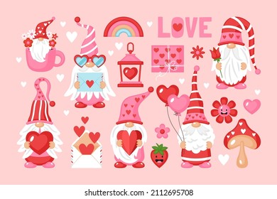 Valentines day holiday cute gnome character and elements set. Template for cards, stickers and party invitations. 