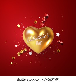 Valentines Day Holiday Decoration. Golden Realistic Heart With Confetti Glittering Particles, Gold Stars And Streamer Ribbons. 3d Vector Illustration Of Metallic Heart Shape And Tinsel. Festive Sign