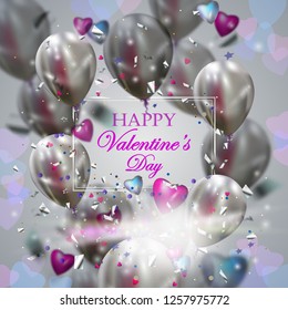 Valentines day holiday decoration. 
Vector holiday illustration of flying bunch of balloons, hearts and confetti. 
