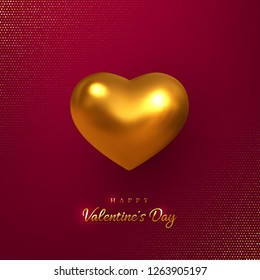 Valentines day holiday design. 3d metallic glossy golden heart with greeting text on vinous glitter dotted background. Vector illustration.