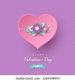 Valentines day holiday design. 3d paper cut pink heart with flowers on spotted purple background. Vector illustration.