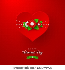 Valentines day holiday design. 3d paper cut heart with flowers on spotted red background. Vector illustration.