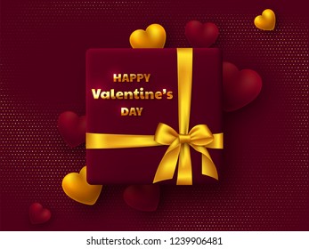 Valentines day holiday design. Gift box with golden bow, 3d hearts and greeting text on vinous glitter dotted background. Vector illustration.