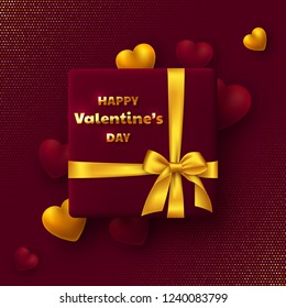 Valentines day holiday design. Gift box with golden bow, 3d hearts and greeting text on vinous glitter dotted background. Vector illustration.