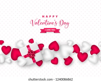 Valentines day holiday design. Gift box with pink bow, 3d hearts and greeting text on white dotted background. Vector illustration.