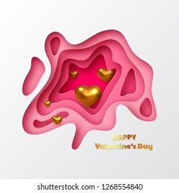 Valentines day holiday design. Paper cut style layered background with metallic golden hearts and greeting text. Vector.