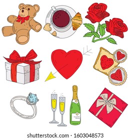 Valentine's day: holiday elements. Champagne, plush toy, flowers, ring, gifts. For registration of postcards, other printing.