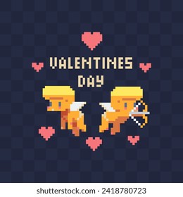 Valentine's Day holiday elements, Cupid characters. Pixel art icons set. Greeting card, banner or invitation design element. Sticker design. Isolated vector illustration.