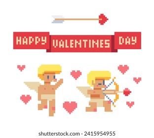 Valentine's Day holiday elements. Pixel art icons set. Cupid characters. Greeting card, banner or invitation design element. Sticker design. Isolated vector illustration.