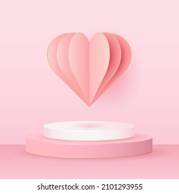 Valentines day holiday flyer with realistic paper heart and podium on pink background. Poster or banner on light background. Vector