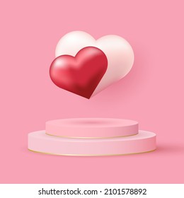 Valentines day holiday flyer with realistic 3d heart and podium on pink background. Poster or banner on light background. Vector