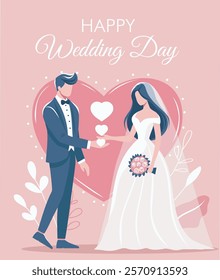 Valentine's Day holiday in a gentle color palette. Vector template. Man groom and woman bride on the background of a big heart. Lovers. Vector illustration for a poster, web banner, social networks