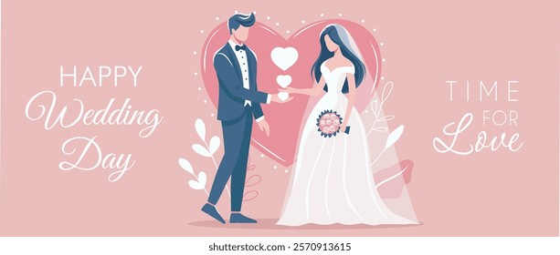 Valentine's Day holiday in a gentle color palette. Vector horizontal template. Man groom and woman bride on the background of a big heart. Lovers.Vector illustration for poster, banner, social network