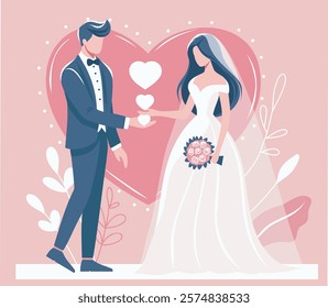 Valentine's Day holiday in a gentle color palette. Vector template. Lovers. Man groom and woman bride on the background of a big heart. Vector illustration for a poster, web banner, social networks