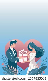 Valentine's Day holiday in a gentle color palette. Lovers. A man gives his beloved woman a gift. Vector template with space for text for a poster, web banner, e-card and social networks