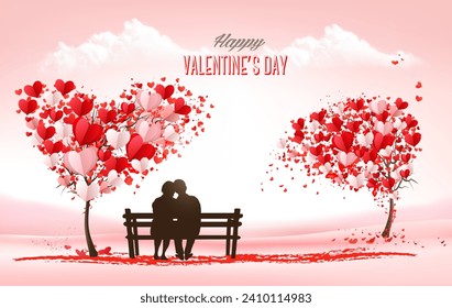 Valentine's Day holiday getting card with heart shape tree and couple in love on a bench. Concept of love. Vector