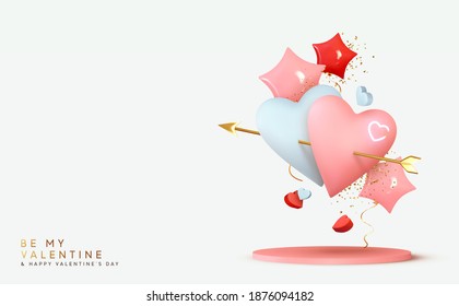 Valentines day holiday gift card. Couple pink and blue heart shaped balloons pierced by cupids golden arrow. Realistic helium ballon shape stars, red rose color. Festive 3d object. Romantic background