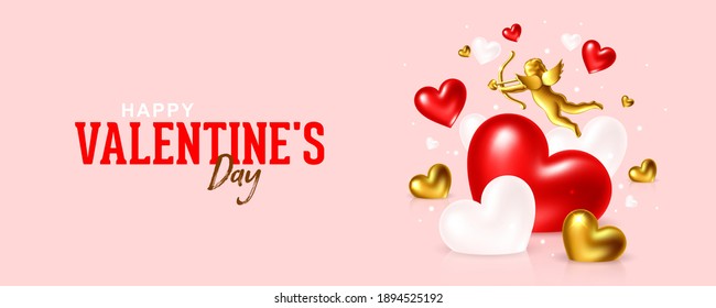 Valentines Day holiday gift card design with hearts and aiming Cupid on pink background, vector illustration