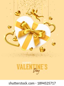 Valentines Day holiday gift card design with gift box in the shape of heart with gold bow, gold aiming Cupid and gold hanging hearts, vector illustration