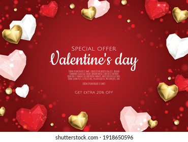 Valentines day holiday gift card. Red and pink 3d heart. Romantic background
