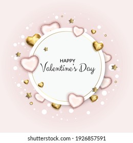 Valentines day holiday gift card. Red and pink 3d heart. Romantic background