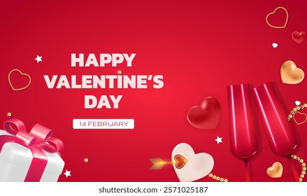 Valentine's Day Holiday Gift Card Background Realistic Design. Template  for advertising, web, social media and fashion ads.  Poster, flyer, greeting card, header for website  Vector Illustration