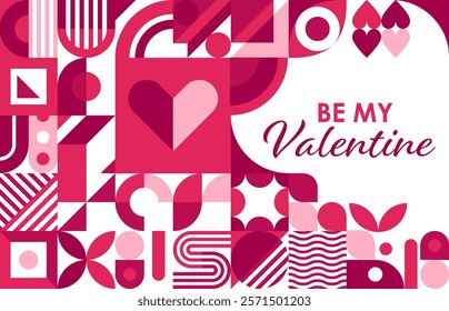 Valentines day holiday greeting card with pink geometric heart shapes pattern. Be my Valentine vector greeting card with abstract graphic background frame of pink white love hearts, circles, squares