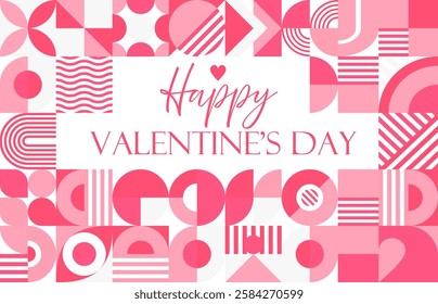 Valentines day holiday greetings geometric shapes. Vector stylish banner with abstract pattern in shades of pink and white with bold typography. Trendy romantic card for celebrating love and affection