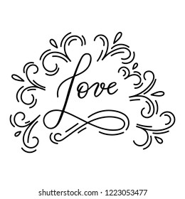 Valentine`s Day holiday hand drawn lettering. Hand written word love with design elements. Vector calligraphic inscription on a white background. Could be used for banners, greeting cards, gifts etc.