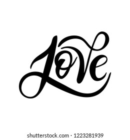 Valentine`s Day holiday hand drawn lettering. Hand written word love. Vector calligraphic inscription on a white background. Could be used for banners, greeting cards, gifts etc.