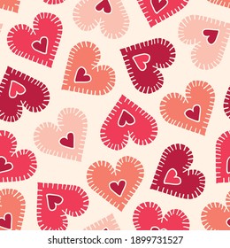 Valentine's Day Holiday Hand  Drawn Craft Stitched Colorful Hearts Cream Background Vector Seamless Pattern  Retro Bright Whimsical Feminine Print for Fashion  Packaging  Wrapping  Farmhouse Rustic