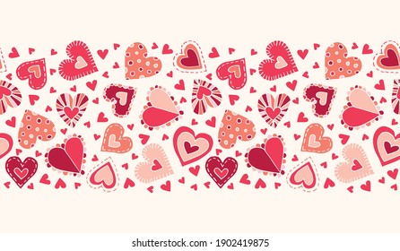 Valentine's Day Holiday Hand  Drawn Craft Doodle Colorful Hearts Cream Background Vector Seamless Pattern Border  Retro Bright Whimsical Feminine Print for Fashion  Packaging  Farmhouse Rustic