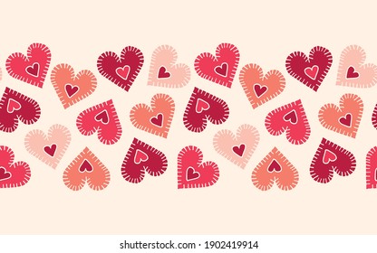 Valentine's Day Holiday Hand  Drawn Craft Stitched Colorful Hearts Cream Background Vector Seamless Pattern Border  Retro Bright Whimsical Feminine Print for Fashion  Packaging  Farmhouse Rustic