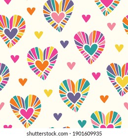 Valentine's Day Holiday Hand-Drawn Doodle Psychedelic Colorful Hearts on Cream Background Vector Seamless Pattern. Retro Bright Whimsical Feminine Print for Fashion, Packaging, Wrapping