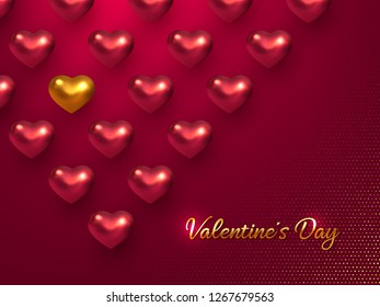 Valentines day holiday horizontal banner. 3d metallic glossy hearts with greeting golden text on vinous glitter dotted background. Vector illustration.