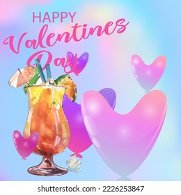 Valentine's Day holiday illustration. Glass and congratulations. Flying hearts form the background of the illustration.