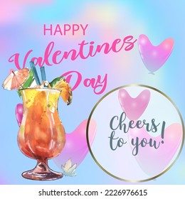 Valentine's Day holiday illustration. Glass and congratulations. Flying hearts form the background of the illustration.