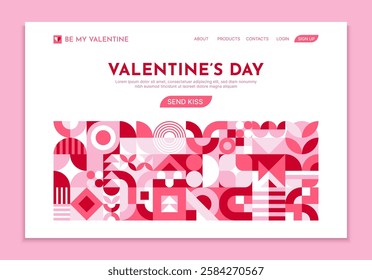 Valentines day holiday landing page template with geometric shapes. Vector modern webpage layout, web site background featuring bold red and pink patterns and navigation elements and send kiss button