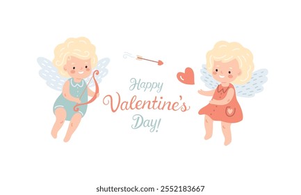 Valentine's Day holiday lettering with cartoon cherub angels, flat style illustration