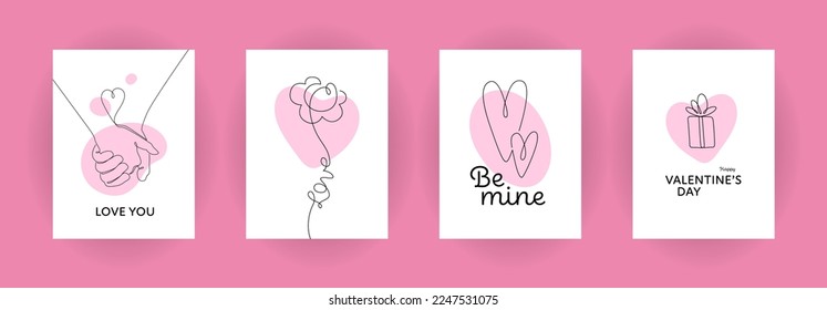 Valentines day holiday and marriage concept. Vector one line art illustration. Greeting card template set. Pink, white and black color. Heart, holding hand, gift box, flower and love you text.