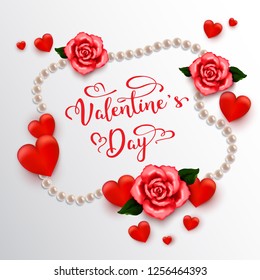 Valentine's day, holiday objects on white background. Vector illustration. Hearts, pearl beads and flowers
