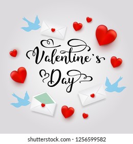 Valentine's day, holiday objects on white background. Vector illustration. Hearts, birds, letters, envelopes
